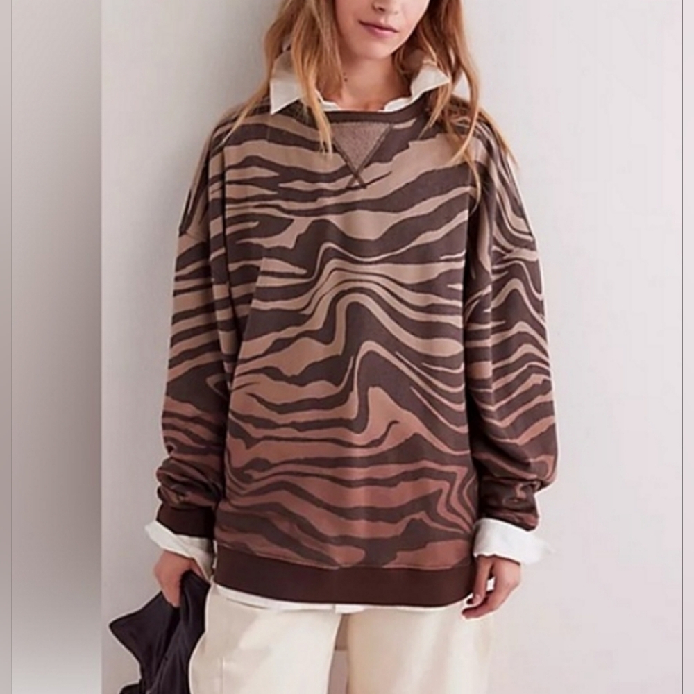 NWOT Free People Classic Printed Oversized Crewneck Zebra Brown Combo